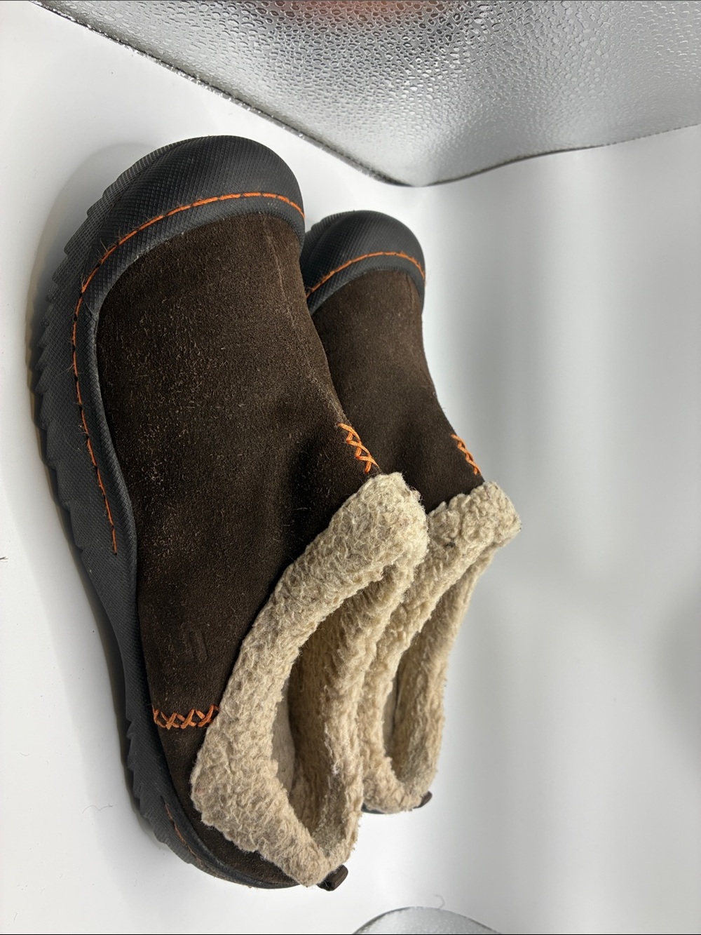 Skechers Brown Suede Slip-On Loafers with Orange Stitching